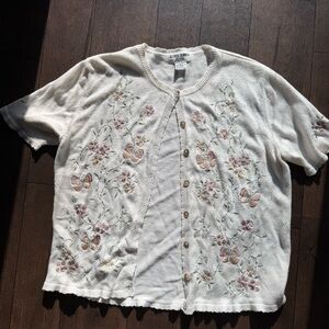 White Floral Embroidered Short Sleeve Knit Coquette Dainty Blouse Top Women’s PL